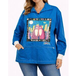 Danalis Originals Women's Blue Graphic Long Sleeve Collared Pullover Top Size L